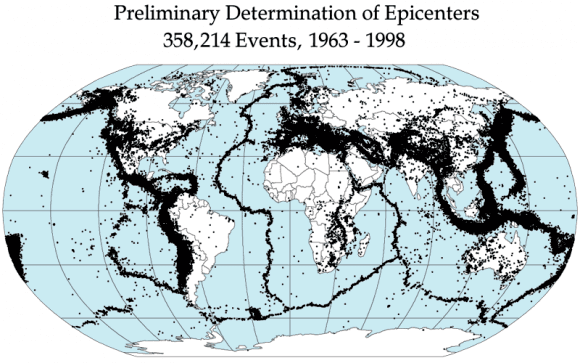 مراكز الزلازل حول العالم، 1963-1998. المصدر: NASA/DTAM 