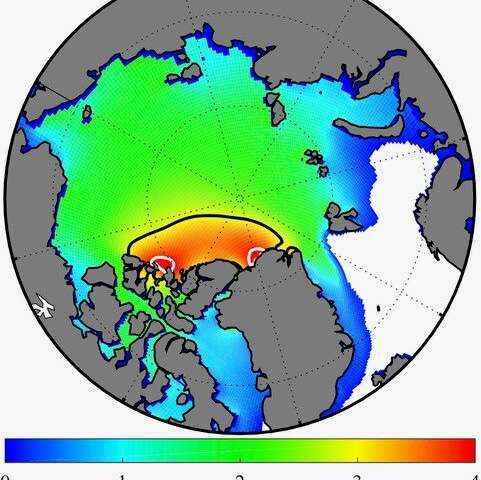 المتوسط السنوي لسمك الجليد البحري (بالمتر) في المحيط المتجمد الشمالي 1979-2018. يحيط الخط الأسود بالمنطقة التي يتجاوز سمك الجليد فيها 3 أمتار وهي المعروفة بمنطقة الجليد الأخيرة، وتحيط الخطوط البيضاء بالمناطق التي يتجاوز سمك الجليد فيها 4 أمتار