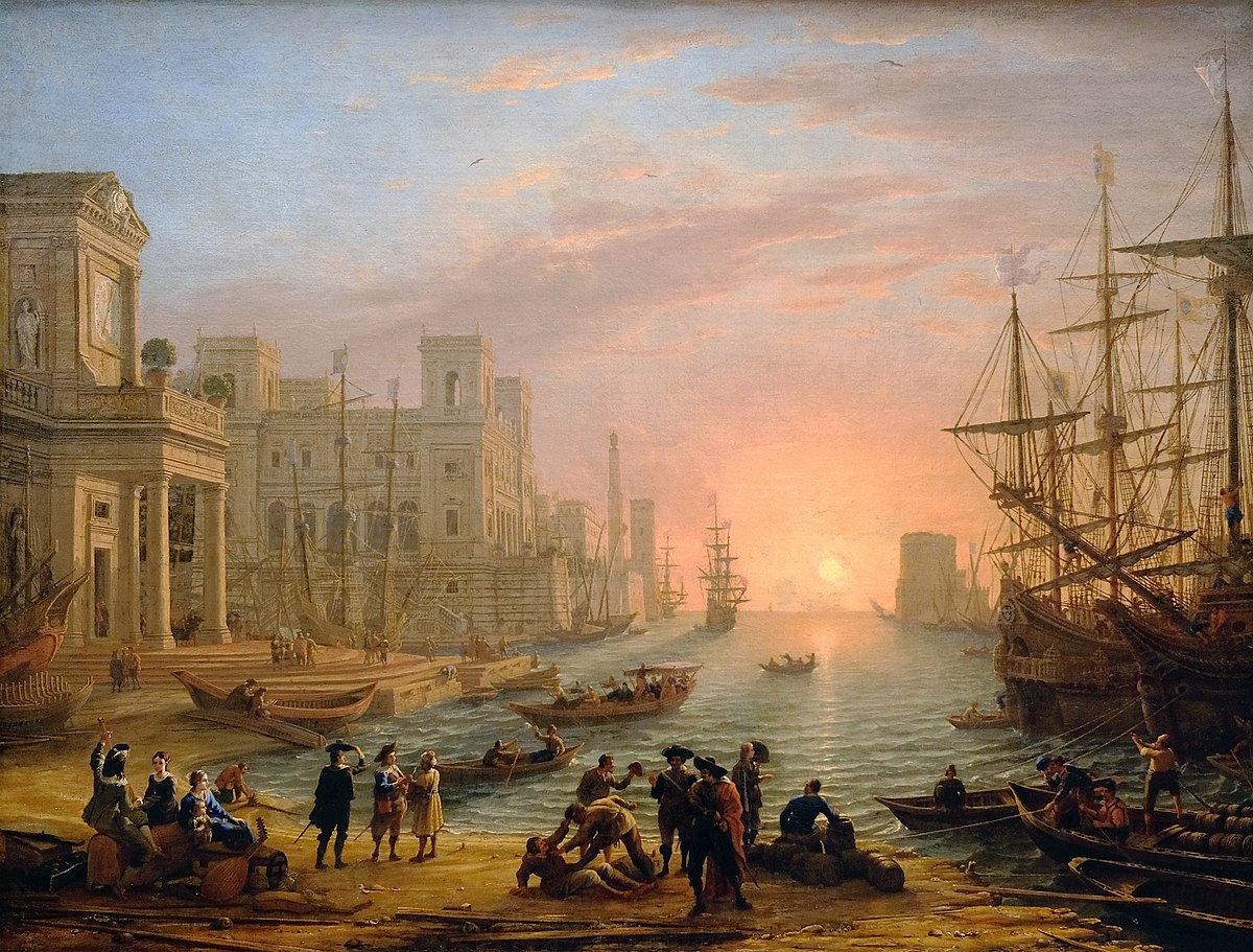 ميناء عند الشروق Seaport at sunrise، لوحة للرسام الفرنسي كلود لورين Claude Lorrain عام 1639، تمثل ميناء فرنسي في أوج المركنتالية