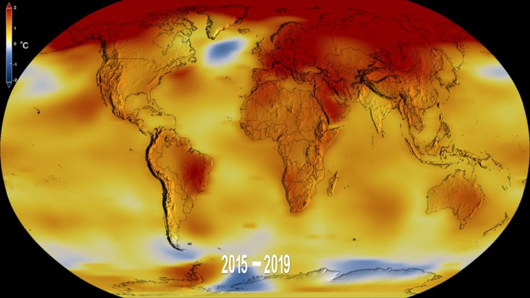 رسم من إنتاج ناسا يُظهر أن 2019 كانت أعلى السنوات حرارة مقارنةً بمعدلات قديمة. 