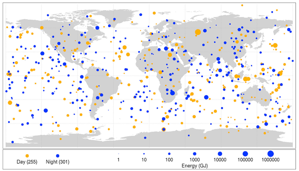 مواقع اصطدام الكويكبات الصغيرة بالأرض بين عامي 1994 - 2013