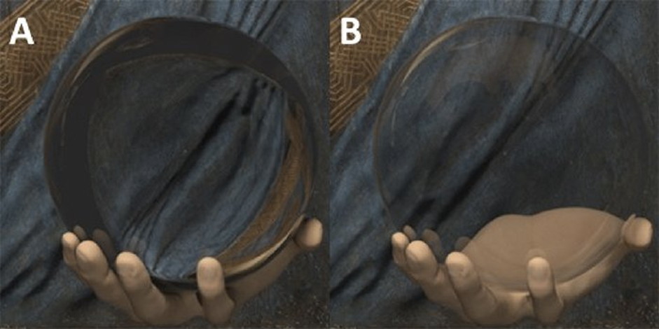 المحاكاة الحاسوبية تظهر الفرق بين الكرة المصمتة (يسار) والمجوفة (يمين)، وهو ما يطابق لوحة دافنشي