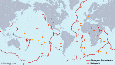 البيئات المنتجة للبازلت: هذه الخريطة تظهر موقع الحدود المحيطية المتباعدة والمناطق الساخنة.